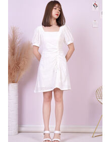 Fine Square Neck Side Drawstring Eyelet Dress (White)